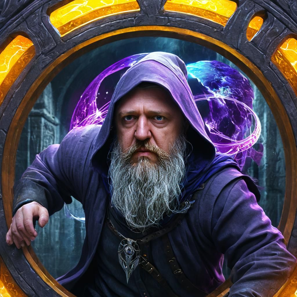 Grey Wizard Running Through a Dimension Portal