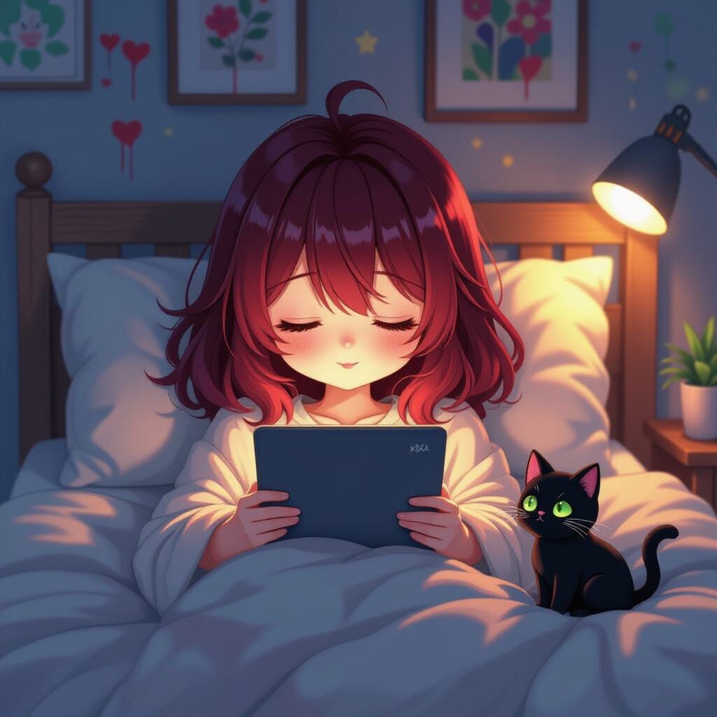 Anime Woman Sleeping with Kitten in Bed