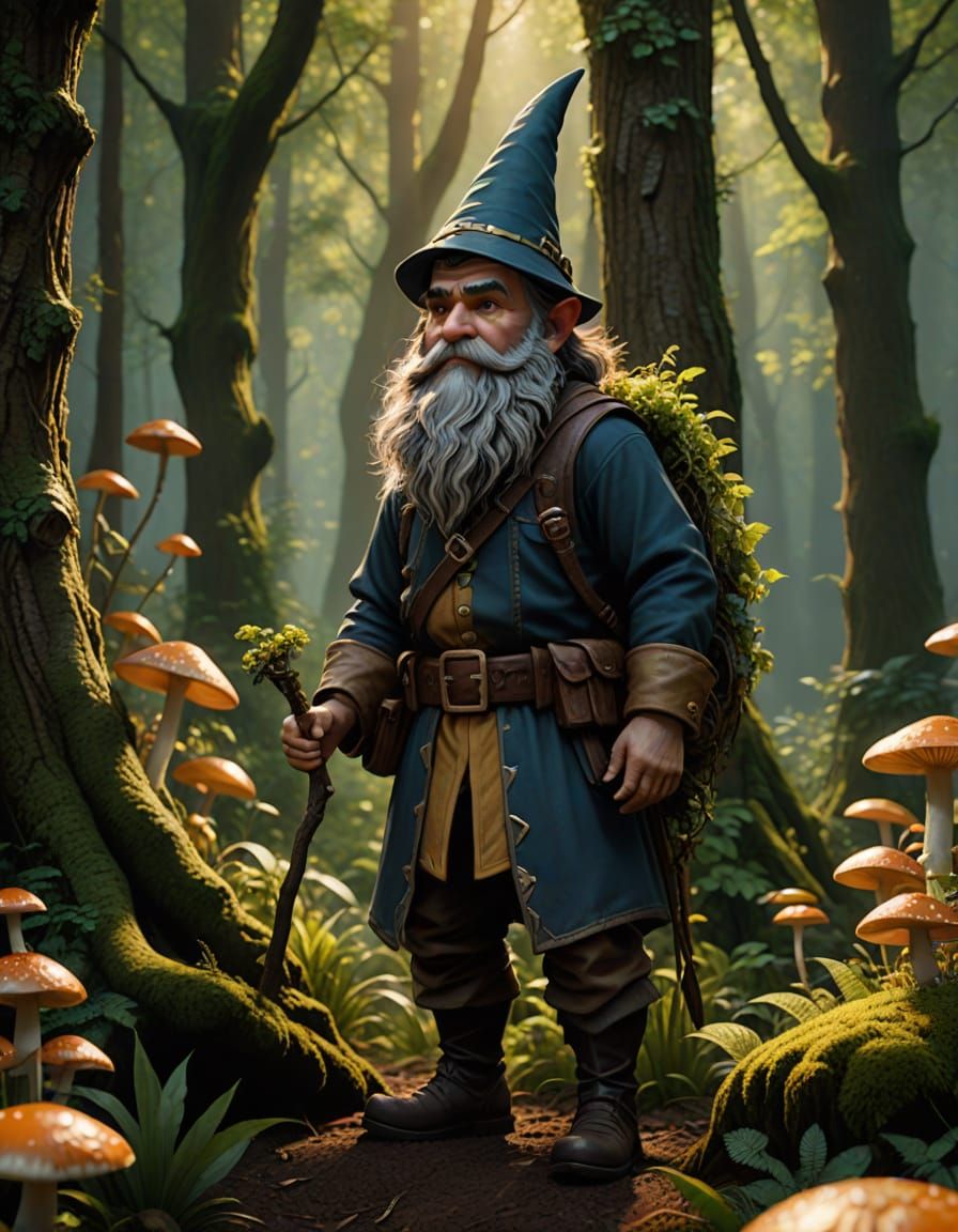 Woodland Gnome Gathering Herbs in Enchanted Forest