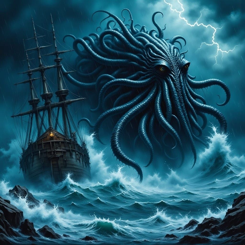 Kraken Attacks Ship in Stormy Seas
