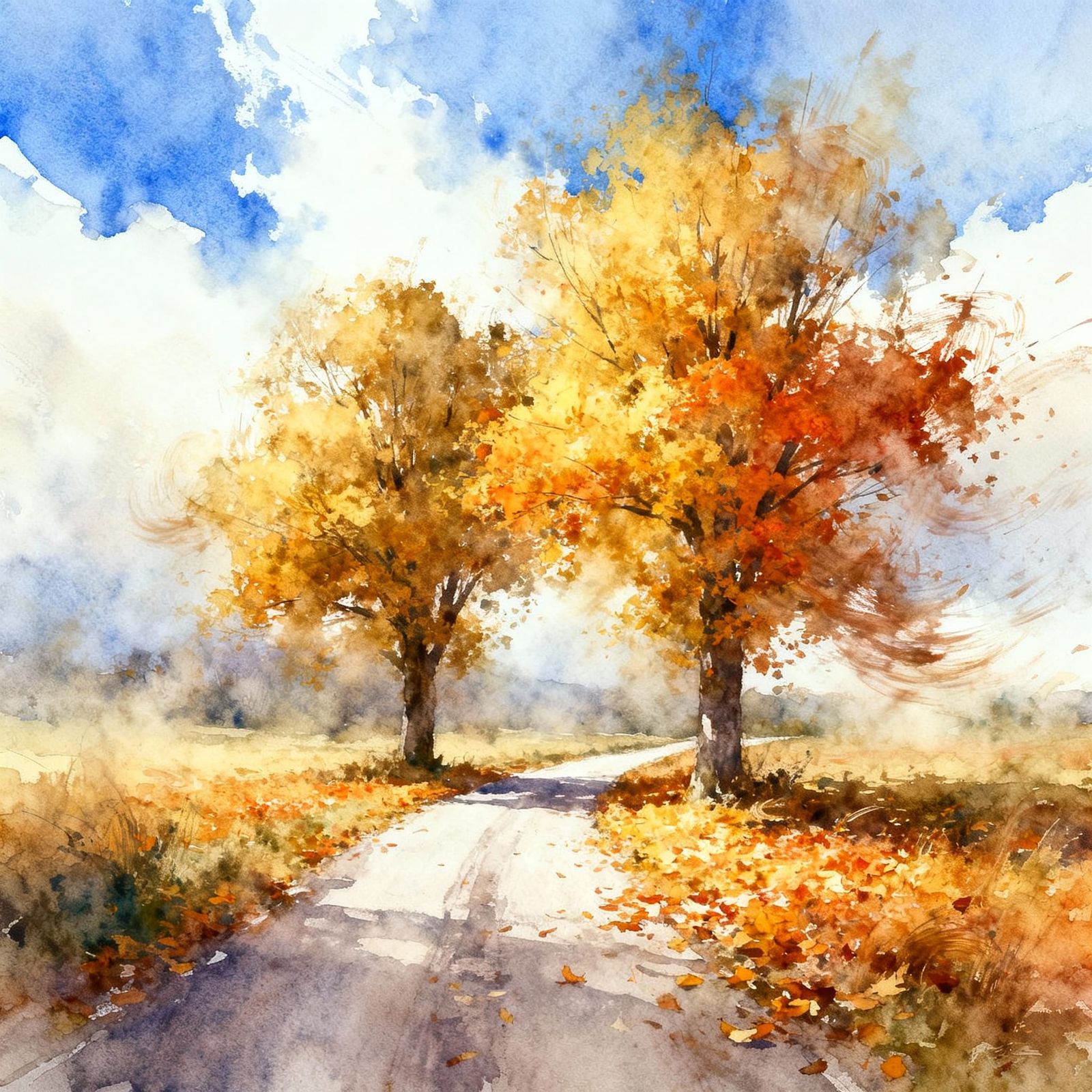 Ethereal Watercolor Autumn Road with Golden Trees