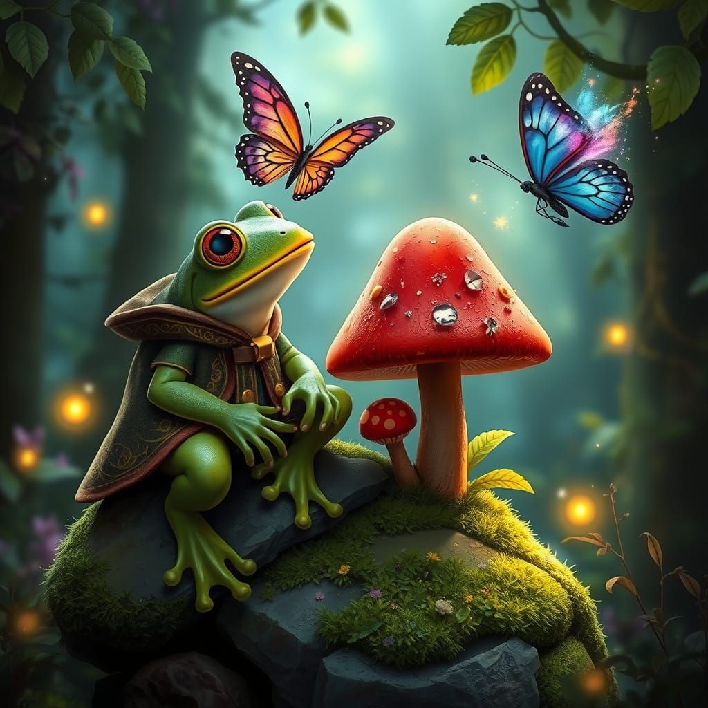 A charming green frog wearing a cape sits on a mossy rock ne...