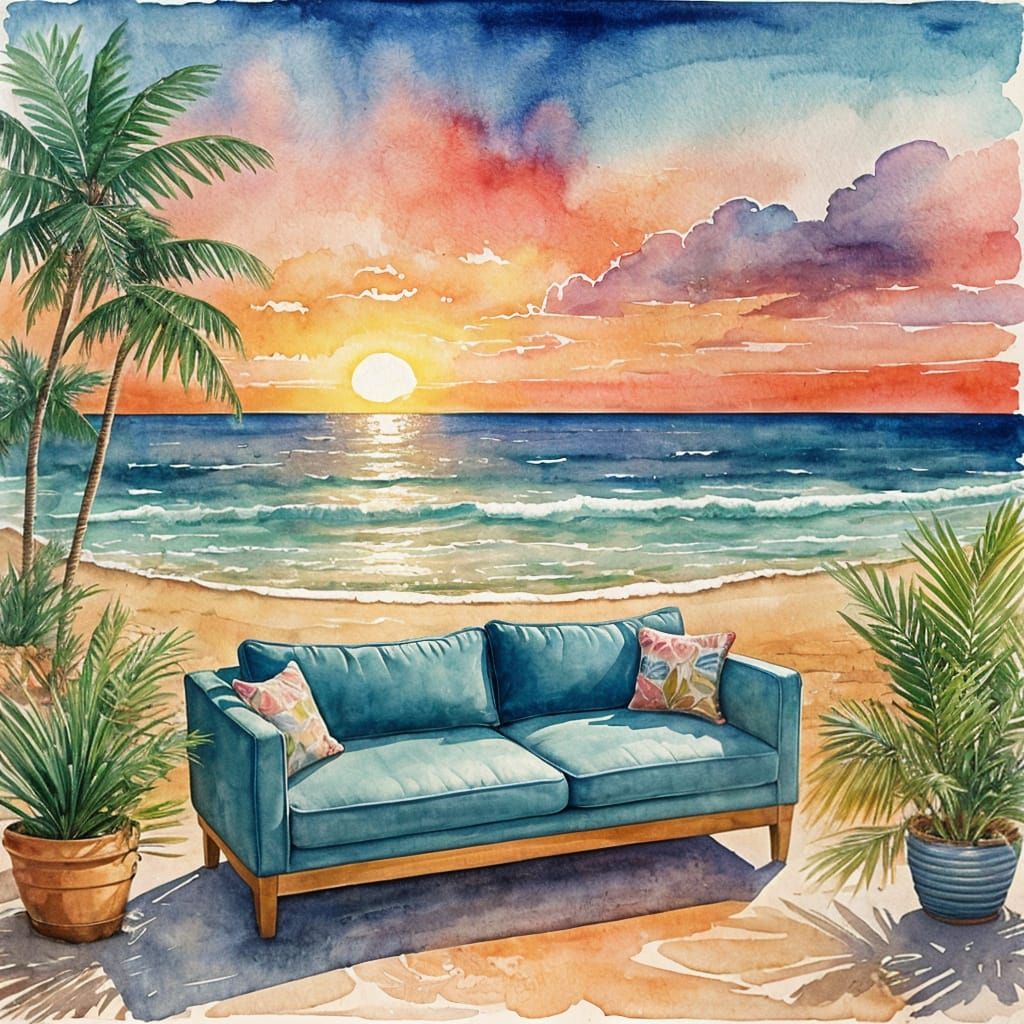 Vibrant Watercolor Sofa on Empty Beach
