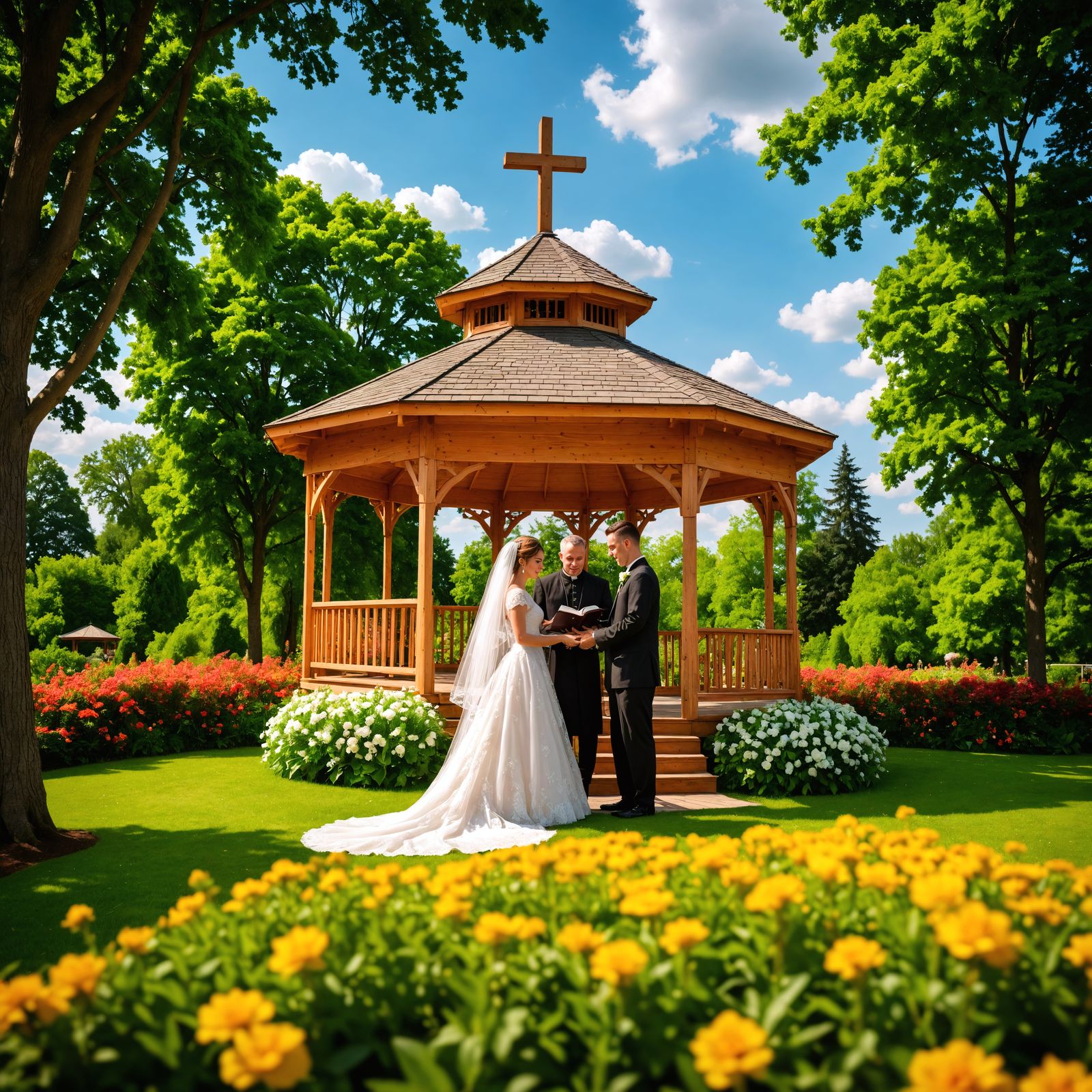 Newlyweds' Catholic Wedding in Garden Gazebo