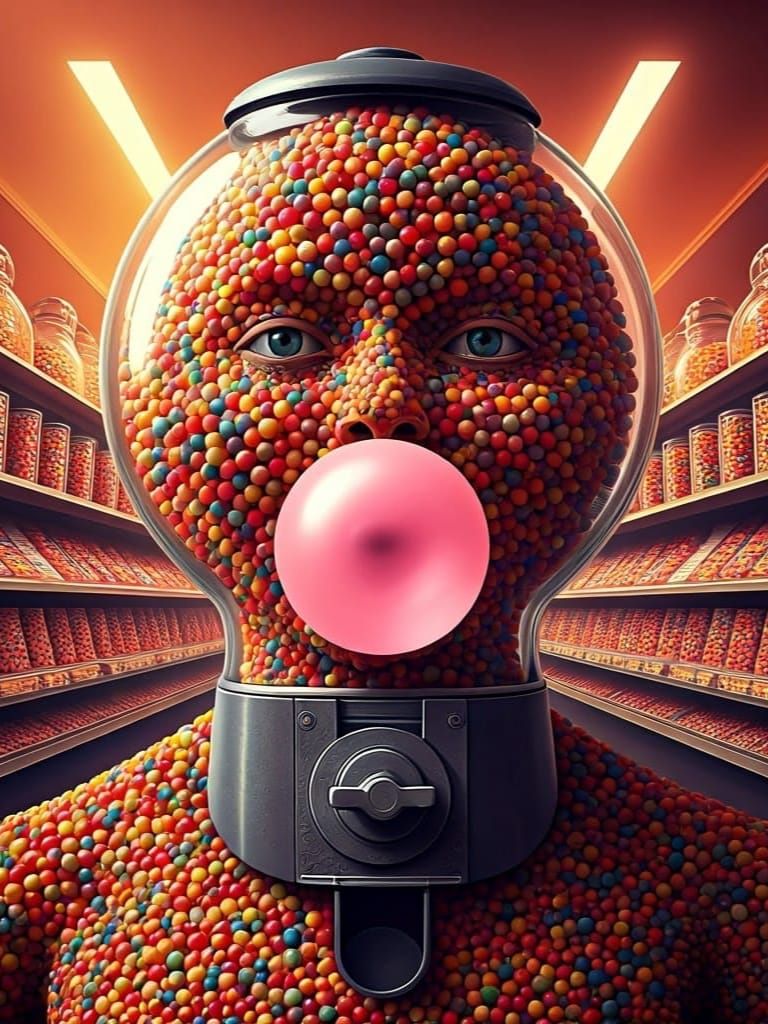Surreal Gum Ball Machine Containing a Humanoid Head in a Col...