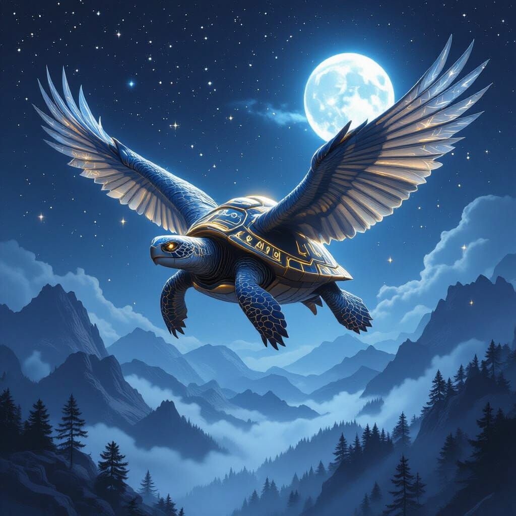 Majestic Winged Turtle Soaring in Starry Night Sky