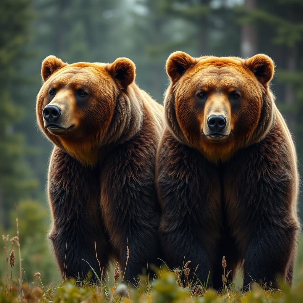 Majestic Brown Bears Standing Together in a Misty Forest