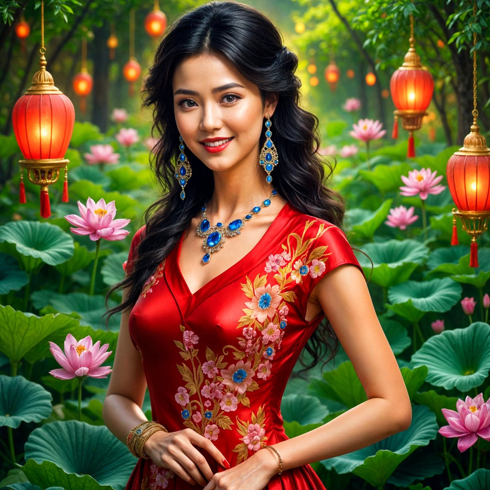 Elegant Vietnamese Beauty in Vibrant Red Dress