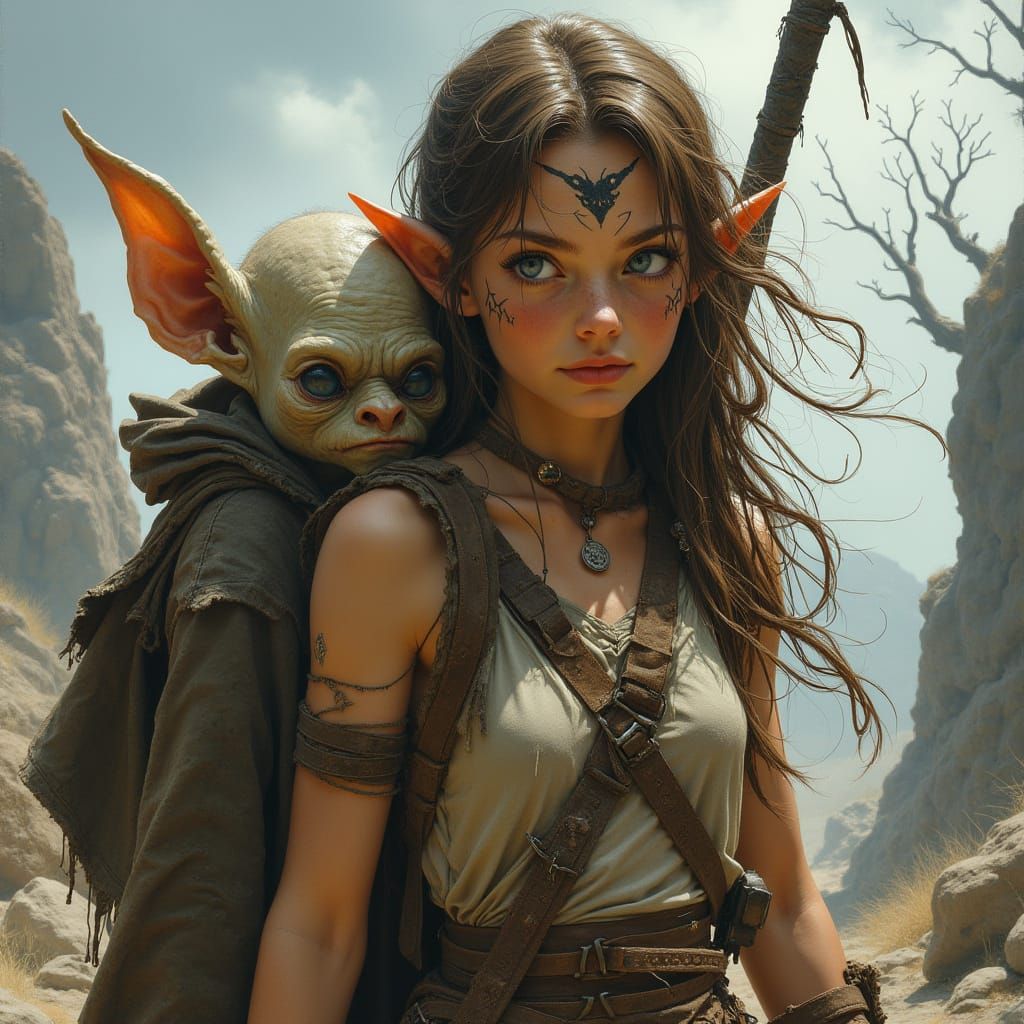 Elf Adventurer With Goblin Companion in Fantasy Landscape
