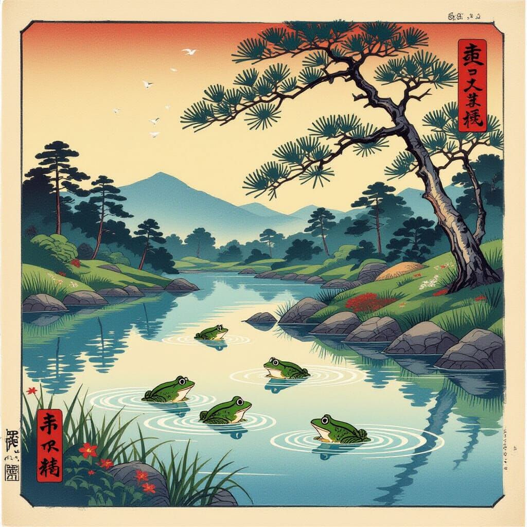 Japanese Pond Frogs in Ukiyo-e Inksplash Style