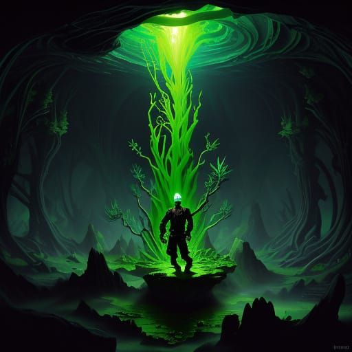 Alien Smokes Marijuana in Underground Cave: 3D Dark Fantasy