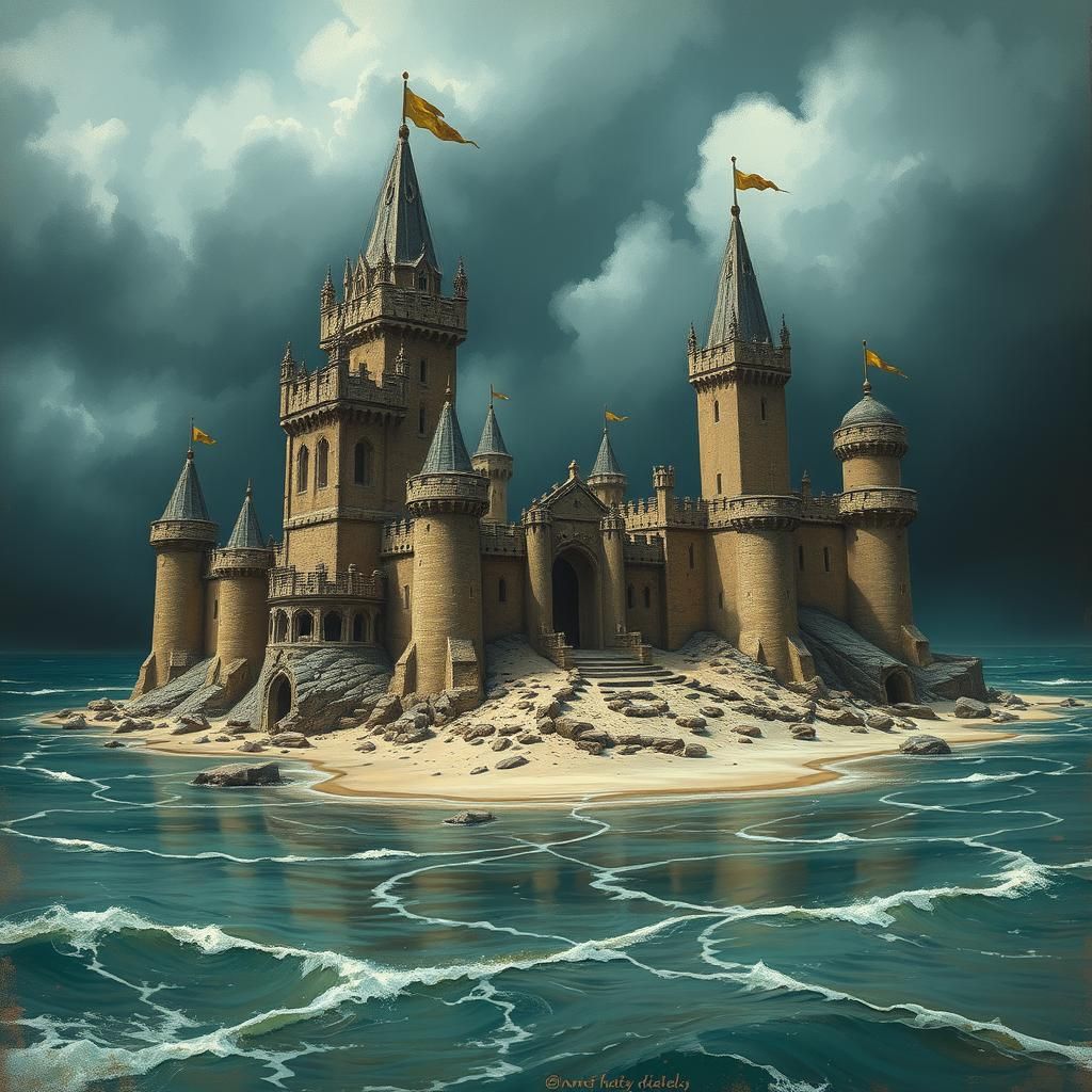 Sandcastle Melts into Sea, Dark Fantasy Art