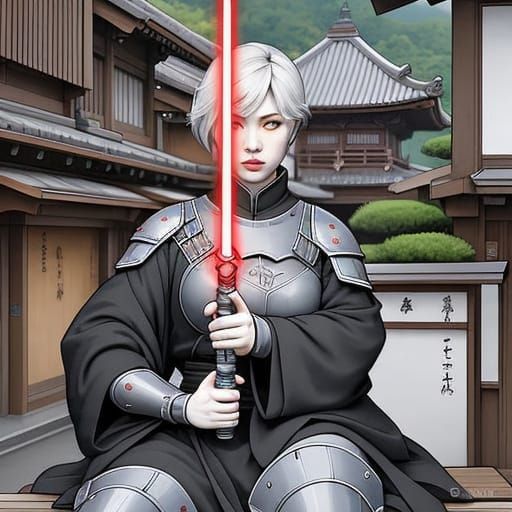 Asian Woman with Lightsaber in Japanese City