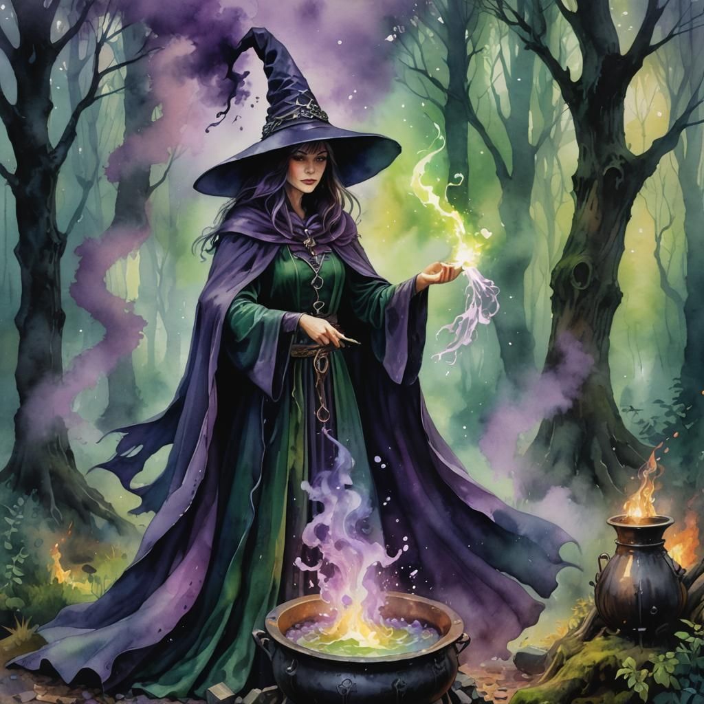 Magical Witch Casting Spell in Watercolor Style