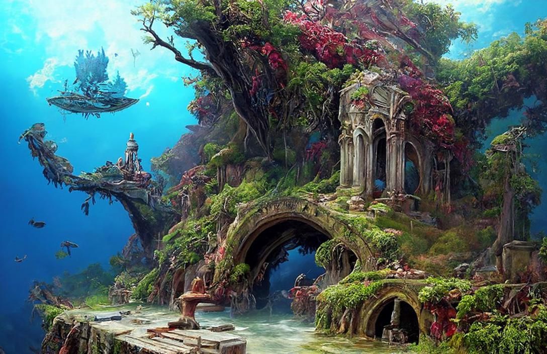 Mermaids in Overgrown Sunken Ruins: Fantasy Anime Artwork