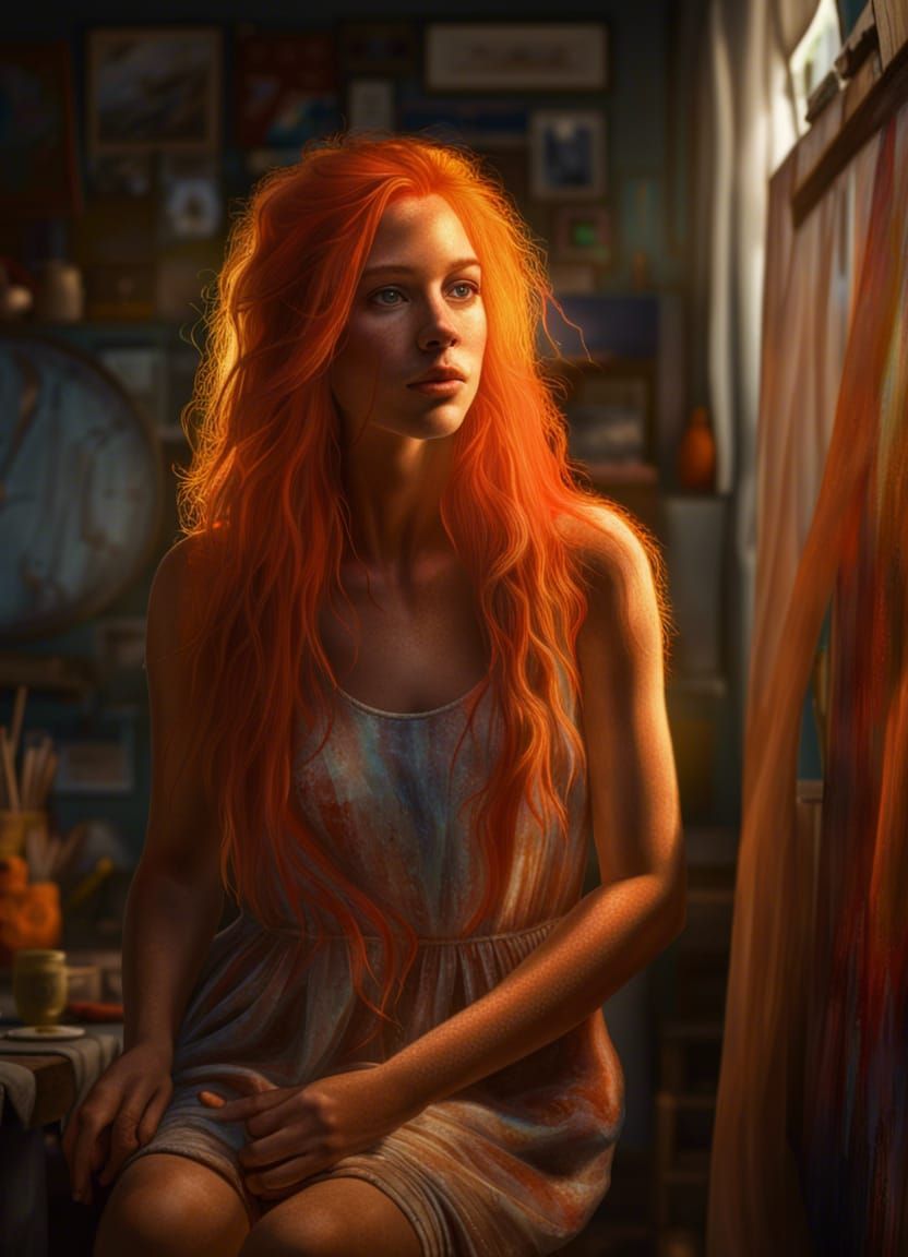 Hyper-Realistic Painter Girl with Orange Hair