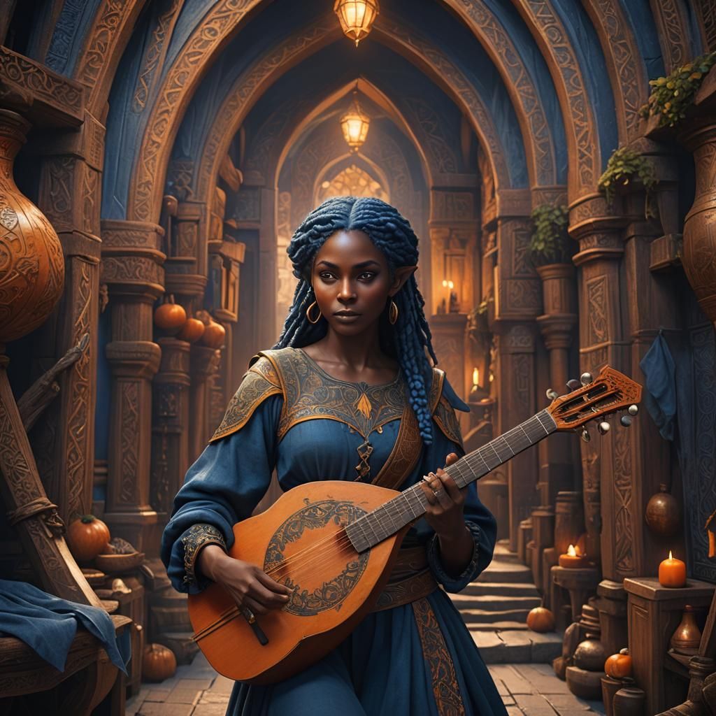 Black Elf Woman with Lute Fantasy Concept Art