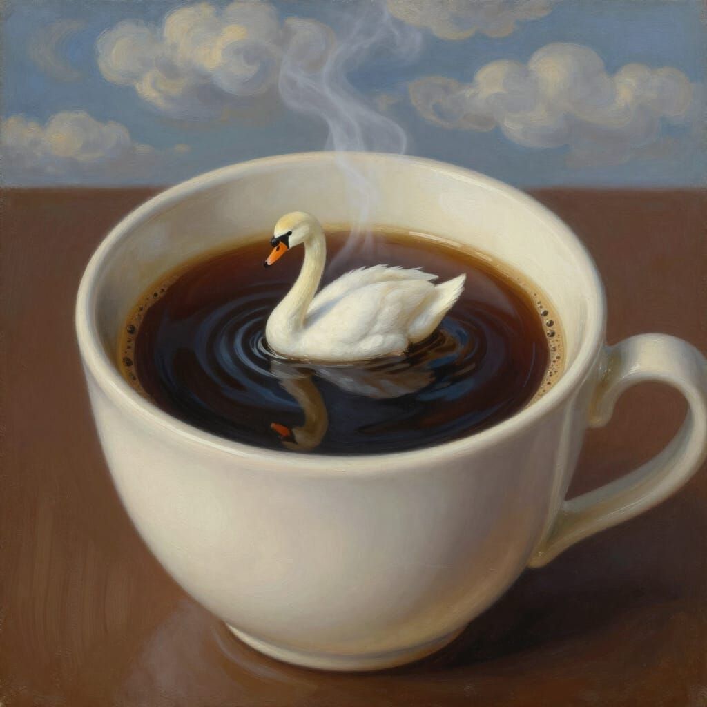 Surreal White Swan in Steaming Coffee Mug