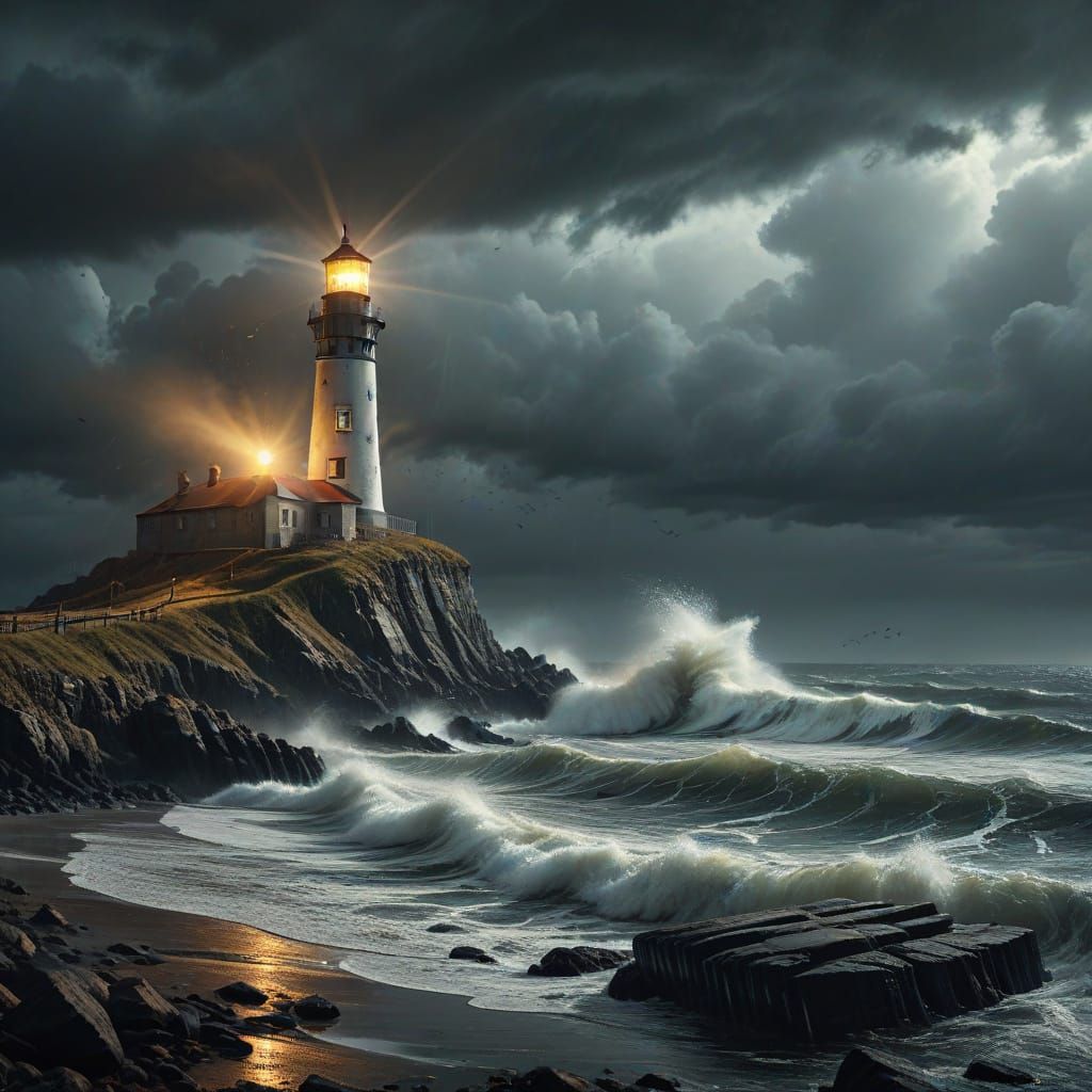 Dramatic Coastal Lighthouse in Stormy Weather