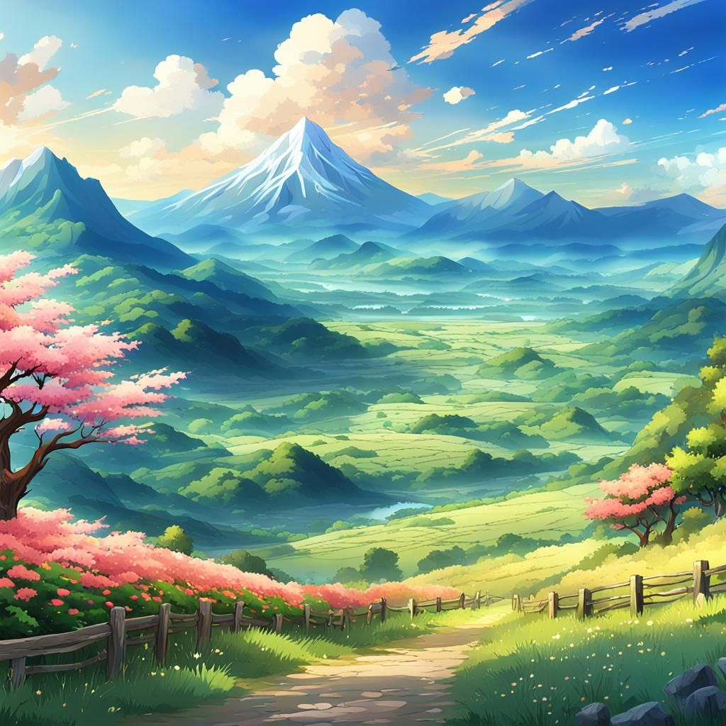 Anime Landscape with Mountain Valley in Digital Art