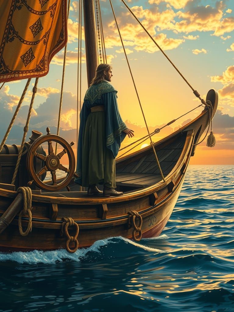 "Portrait of a medieval man standing on an ancient sailing b...