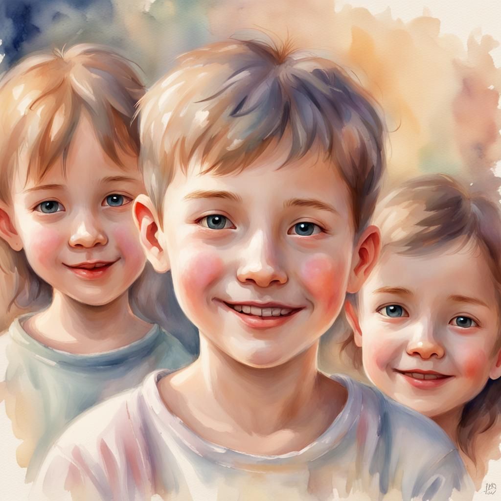 Friendly Casper Portrait with Children in Watercolor Style