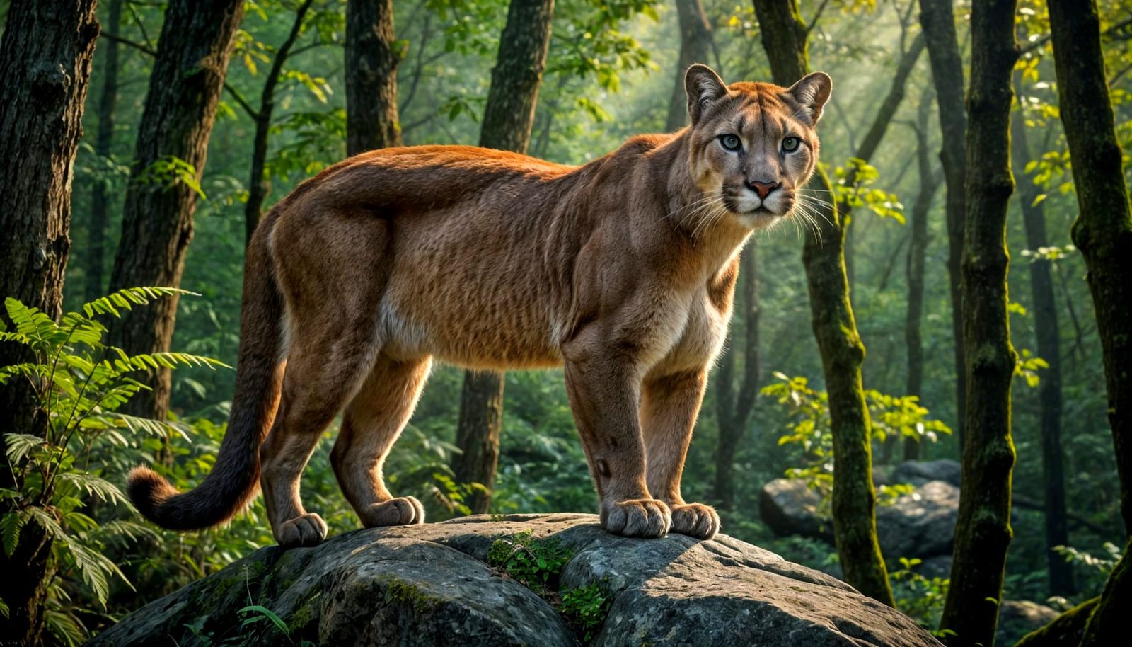 Wild Cougar Standing on Rocky Outcrop in Dense Forest