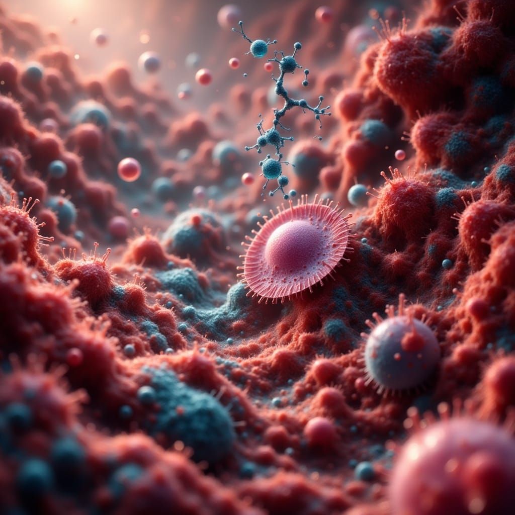 Molecules Attaching to Virus in Hyperrealistic Style