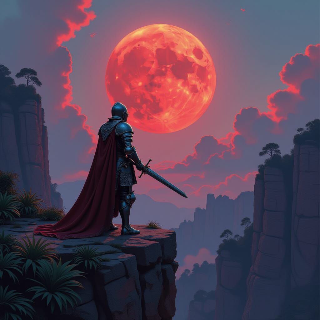 Knight Silhouetted by Red Moon, Photorealistic Landscape