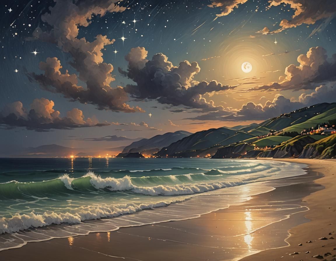 A fabulous beach in a bay surrounded by hills. The waves are...