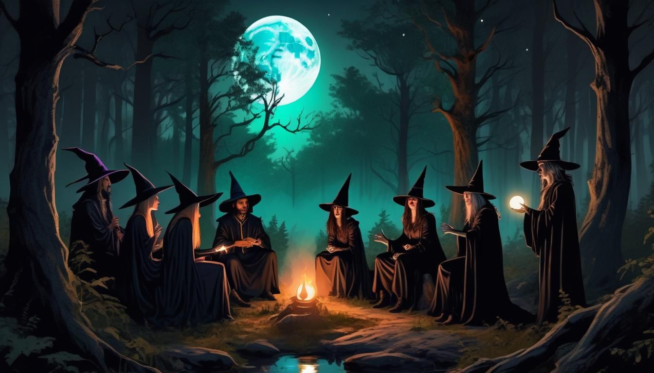 A Coven of Male Wizards and Female Witches meeting in the Forests at night with a bright Moon