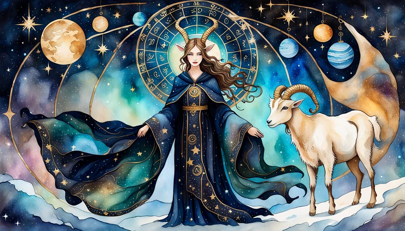 Whimsical Zodiac Goddess in Ancient Winter Night