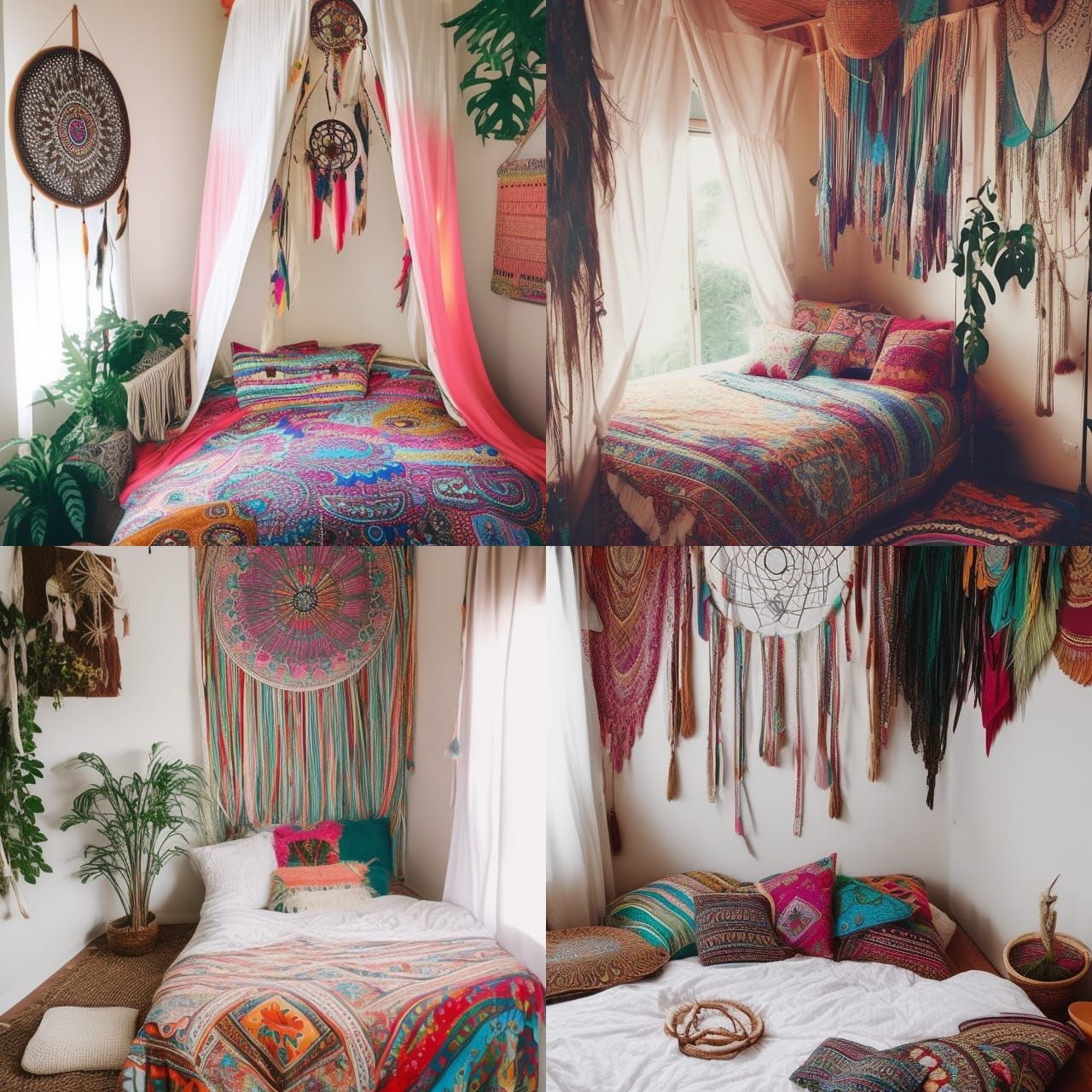 Boho bedroom, bed, canopy, plants, rug, hardwood floors, sitting pillows, hippie pillows, dreamcatcher, peace sign, colo...
