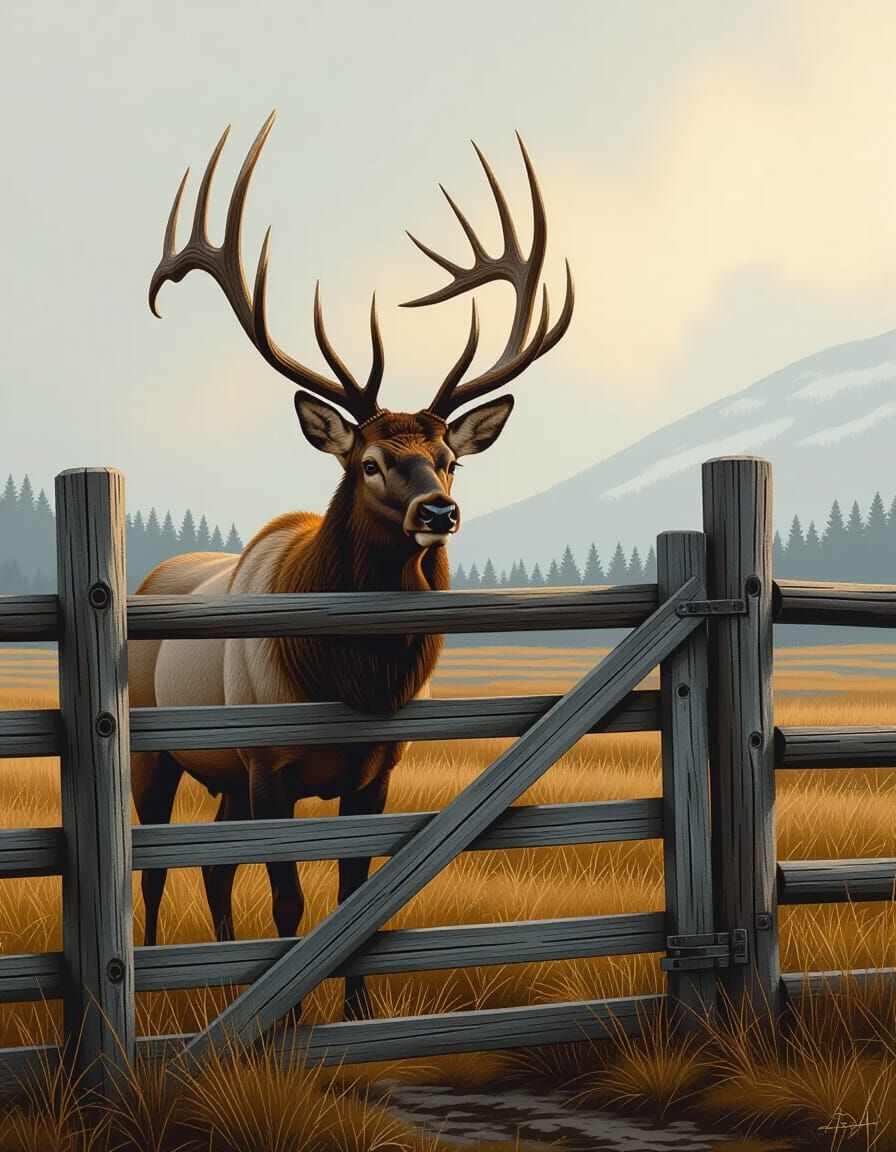 Elk Trapped in Rustic Fence, Hyperrealistic Digital Art