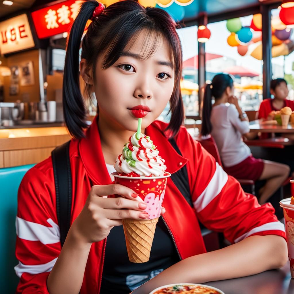 Plump Woman Savoring Ice Cream, Anime Style