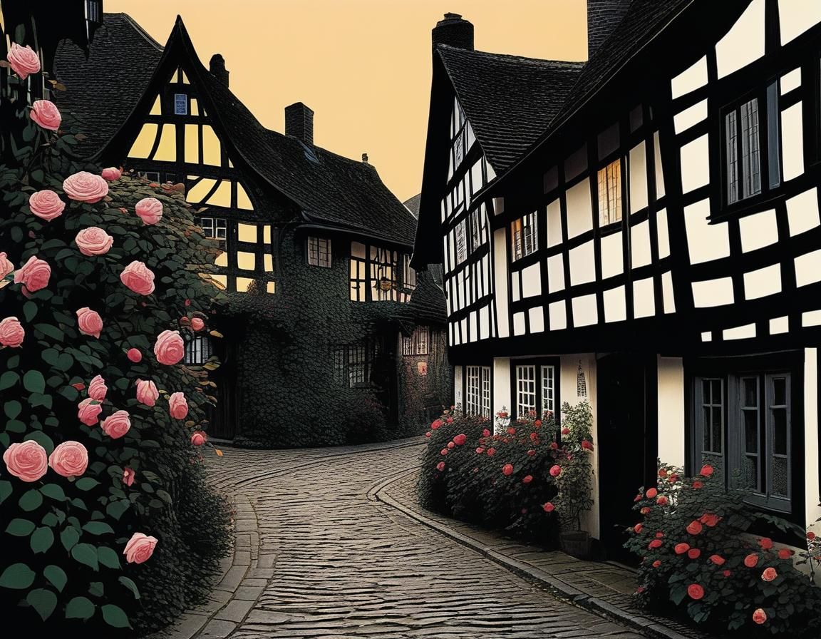 Cozy Alley with Roses at Dusk in Shadow Puppet Style