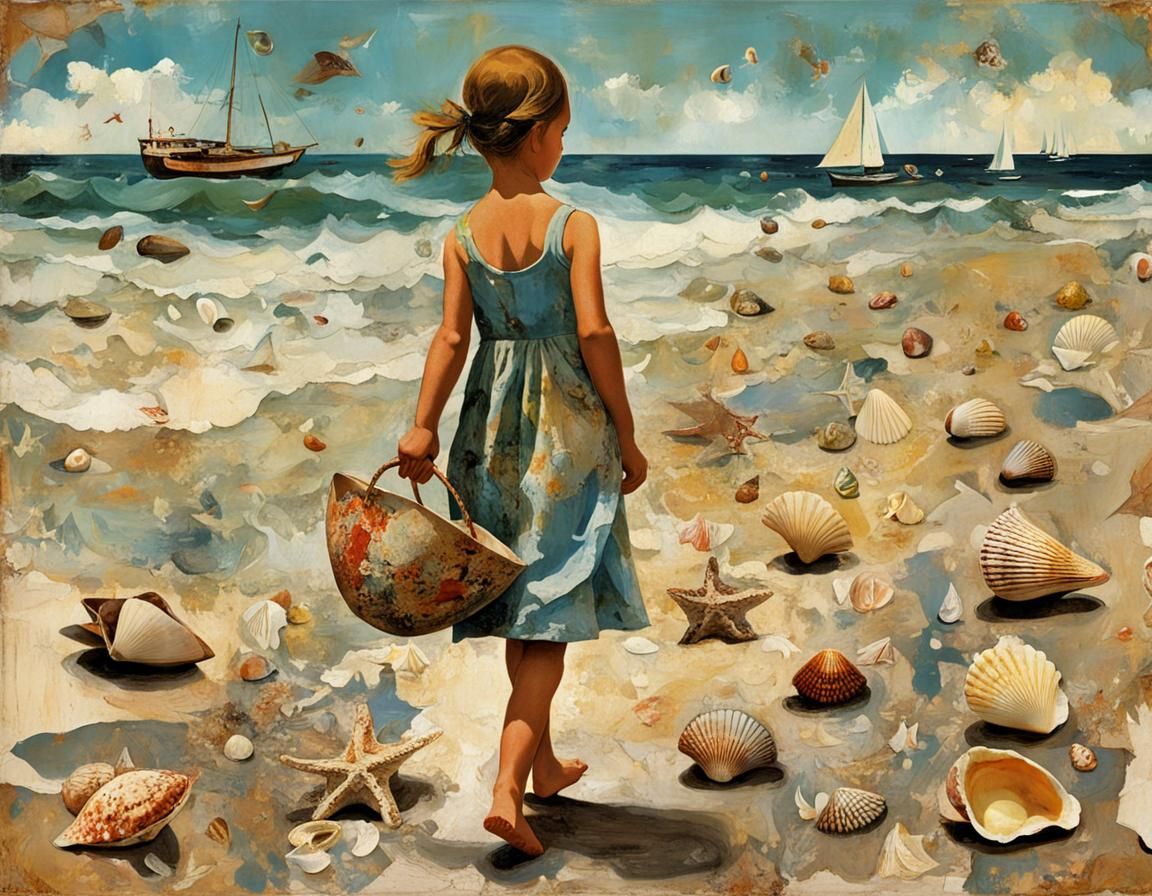 Girl Collecting Shells on Beach in Collage Style