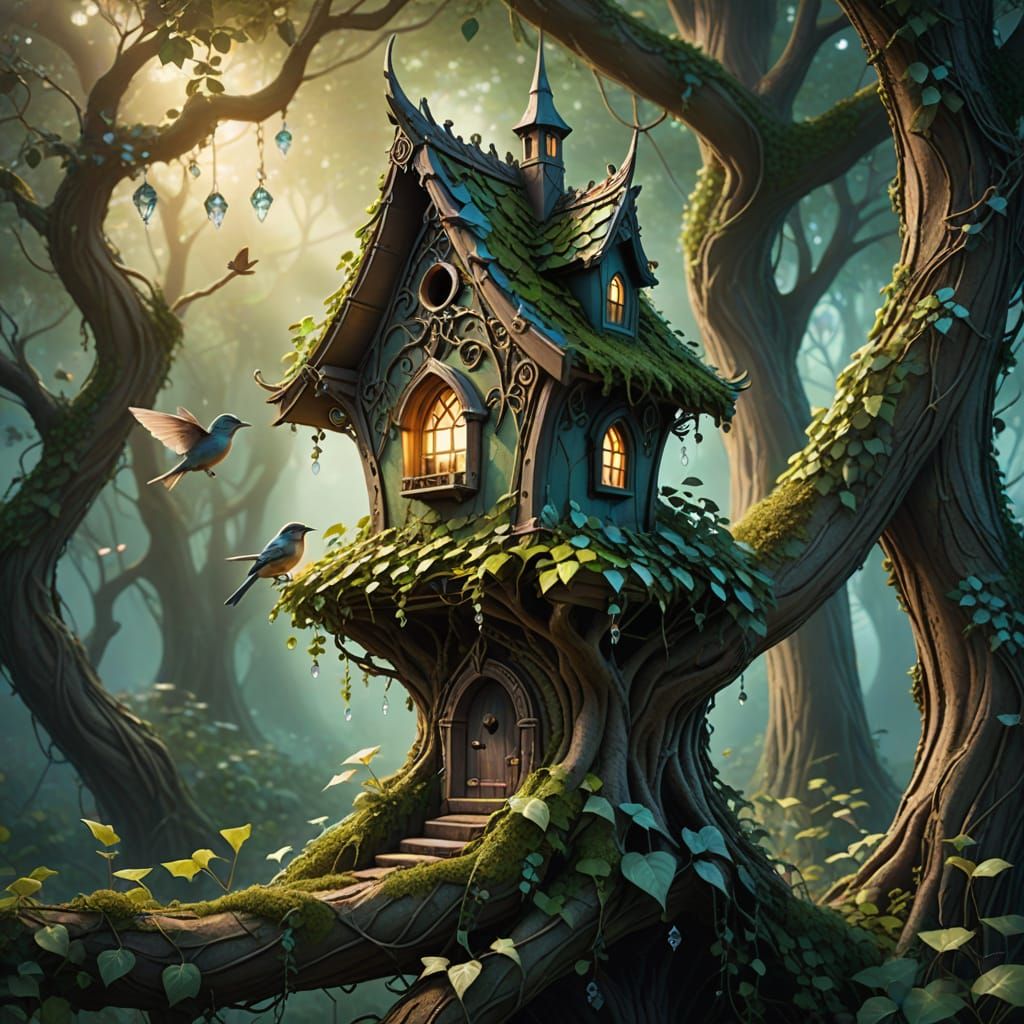 An elegant elven birdhouse nestled in the branches of an anc...