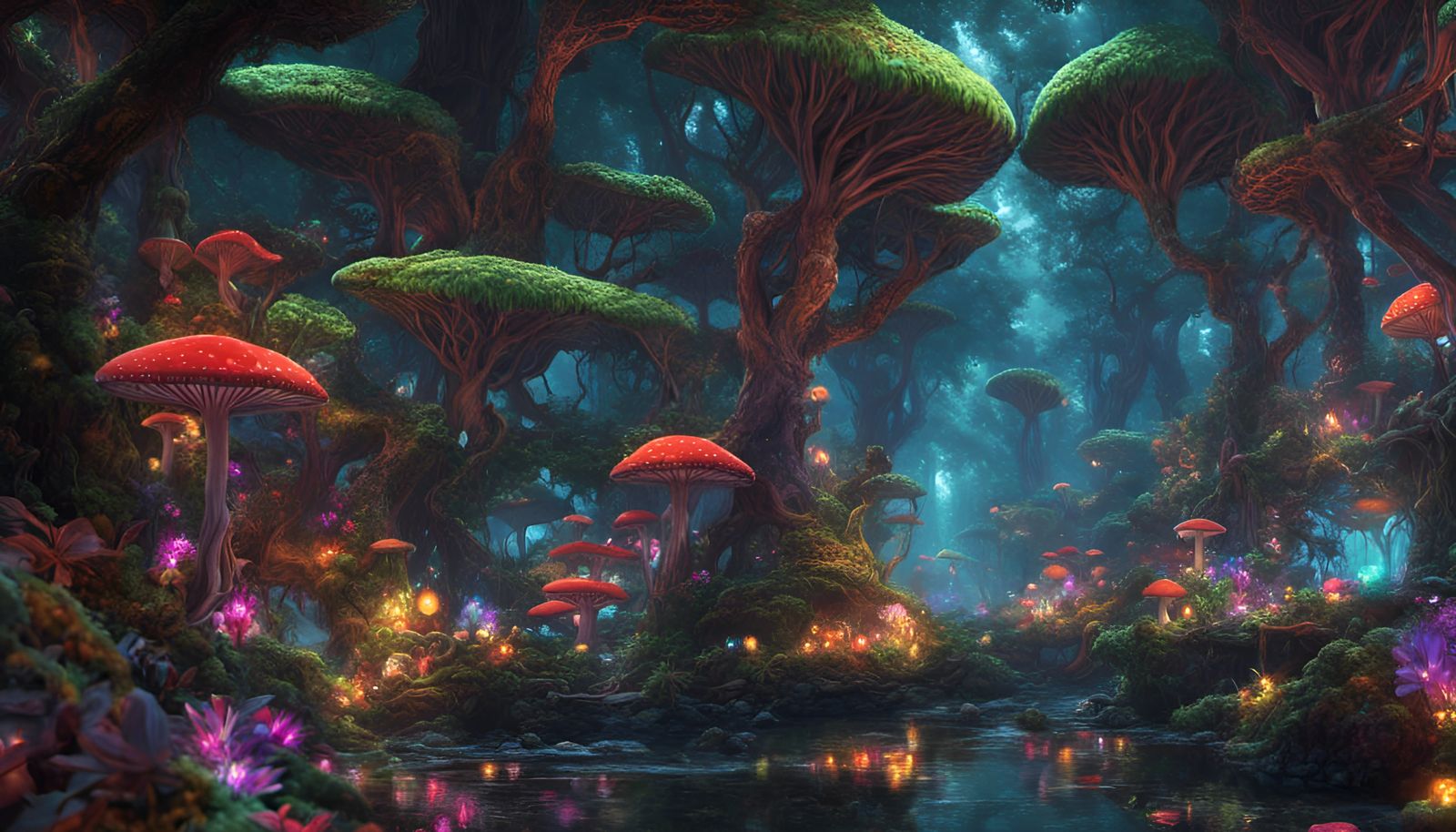 Psychedelic Fungal Tree City in a Dark Fantasy Jungle