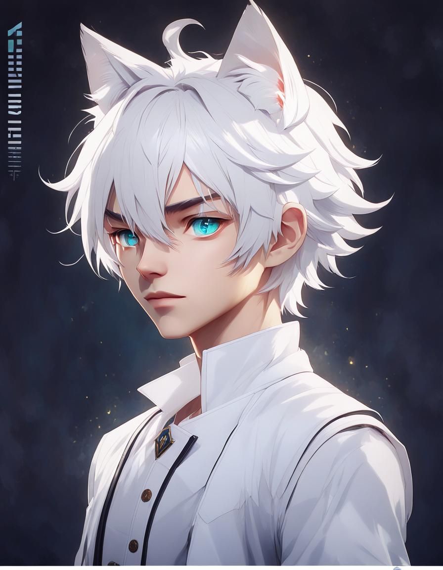 Anime Boy with White Hair and Cat Ears Portrait