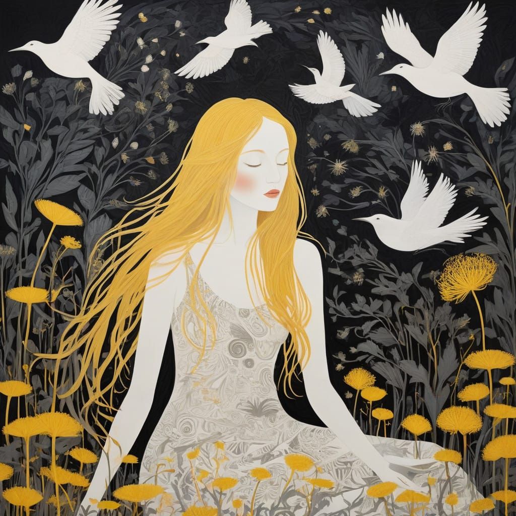 Ethereal Woman in Dandelion Tapestry