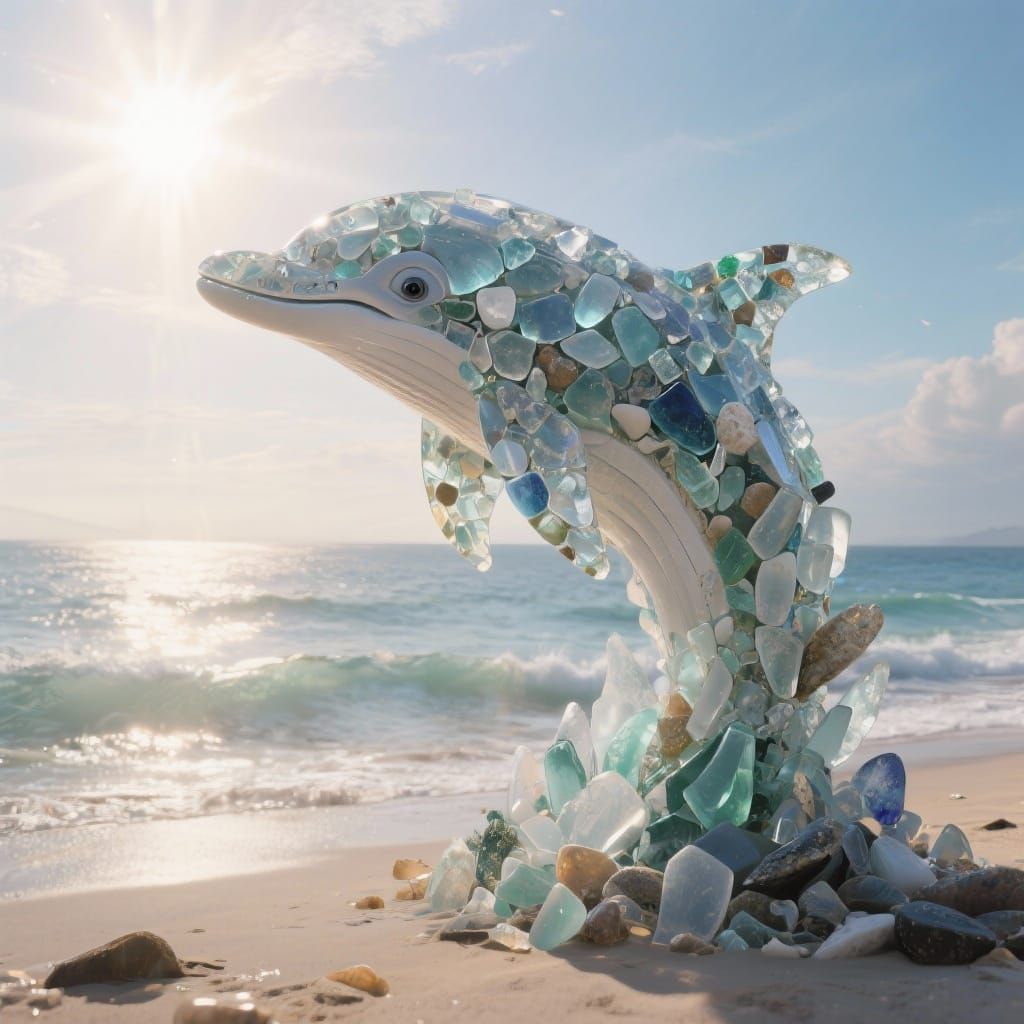 Frosted Sea Glass Dolphin Sculpture on Sunlit Shore