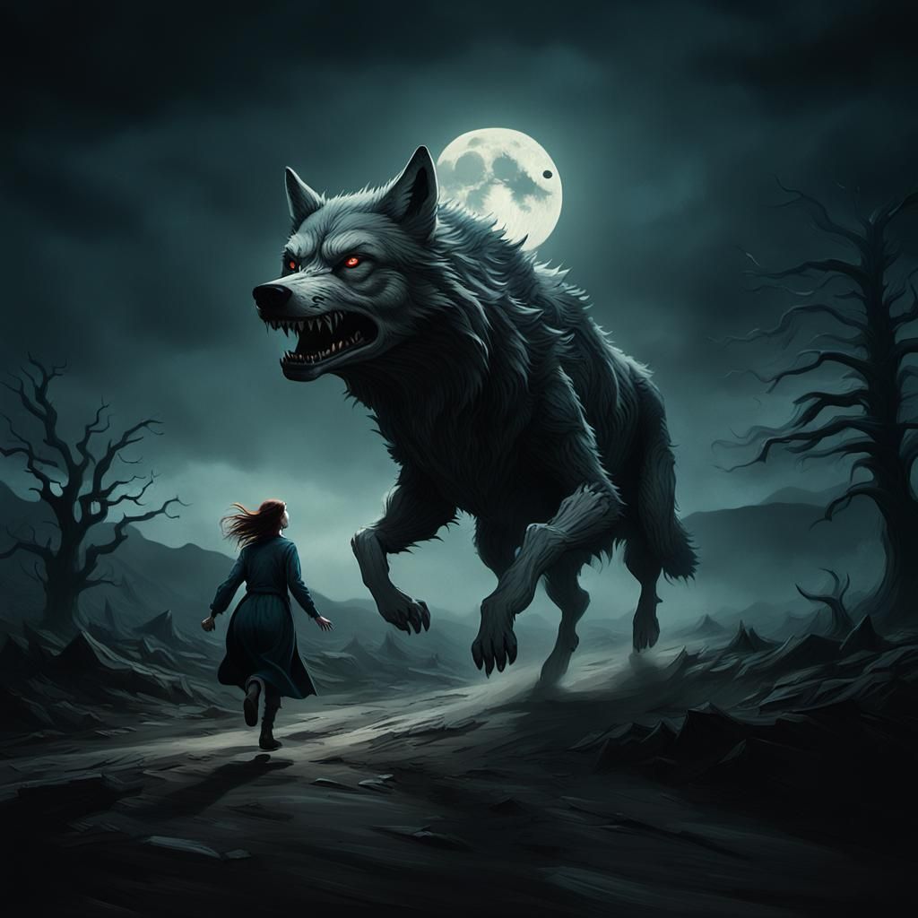 Surreal Wolf Chase Under a Haunting, Glowing Moonlight