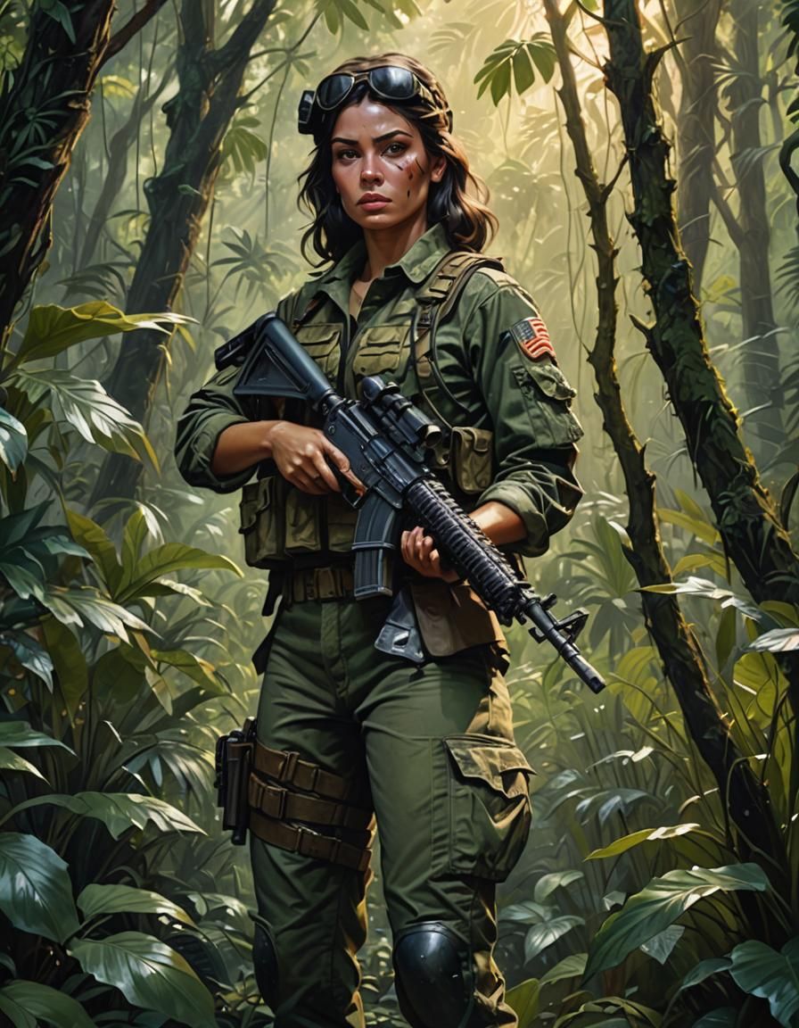 Female Soldier in Jungle, Frazetta-Style Illustration