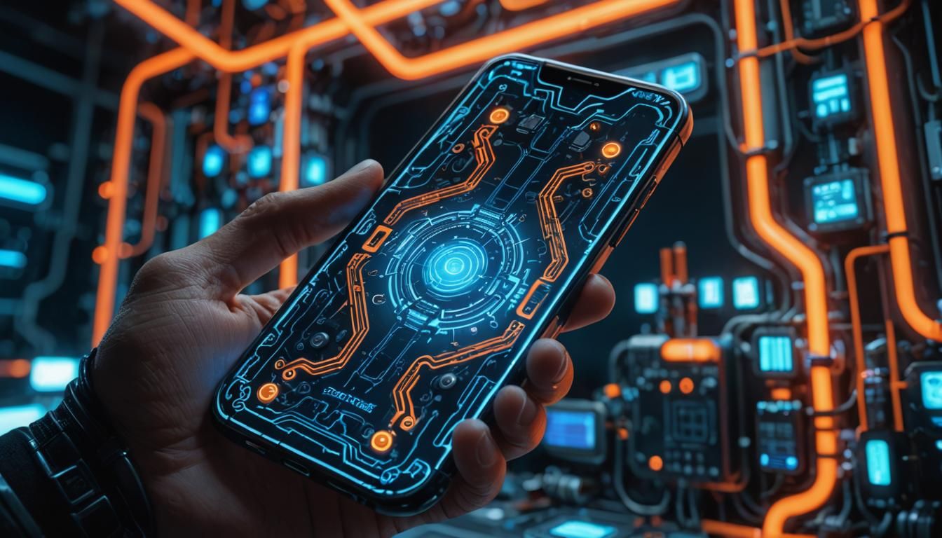 Futuristic Smartphone with Glowing Circuits in High-Tech Lab