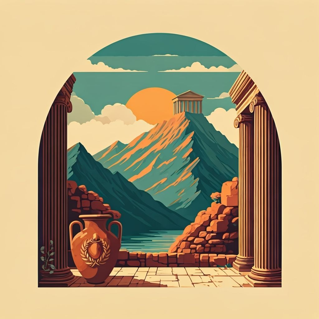 Mountain Vista Poster with Ancient Roman Greek Motifs