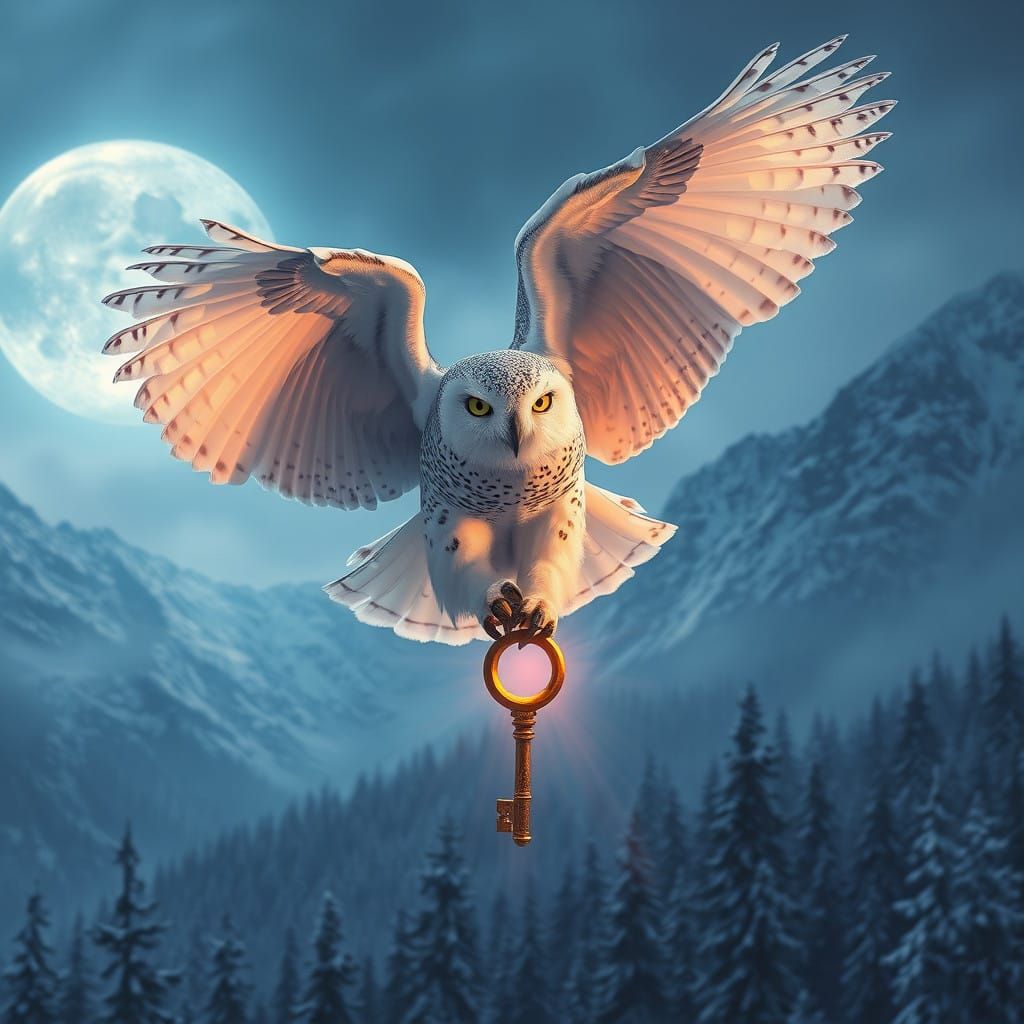 Majestic Snowy Owl Grasps Glowing Key Amidst Dreamlike Mount...