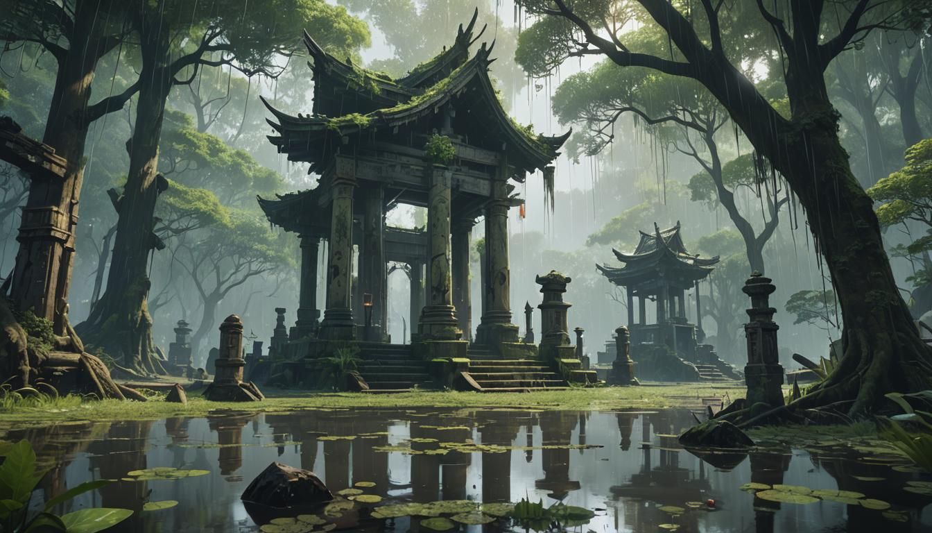 Rainy Shrine Ruins in Swamp: 3D Anime Art