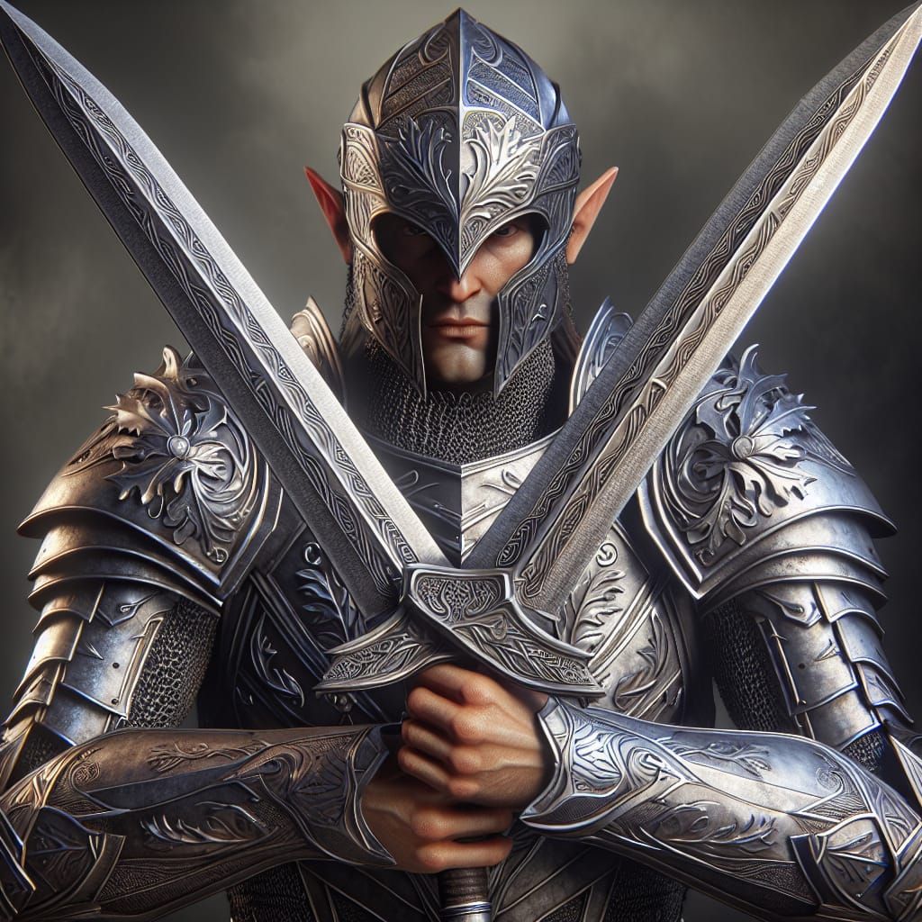 Hispanic High Elf Knight with Damascus Steel Swords