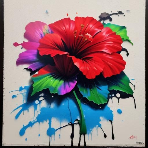 Graffiti Art Red Hibiscus Flower in Spray Paint
